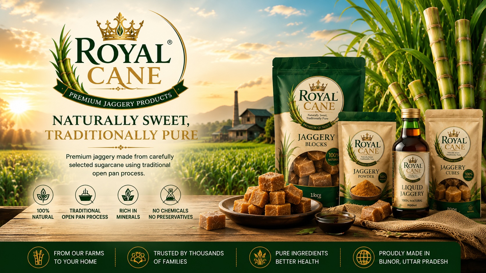 Sugarcane farm fields for Royal Cane premium jaggery