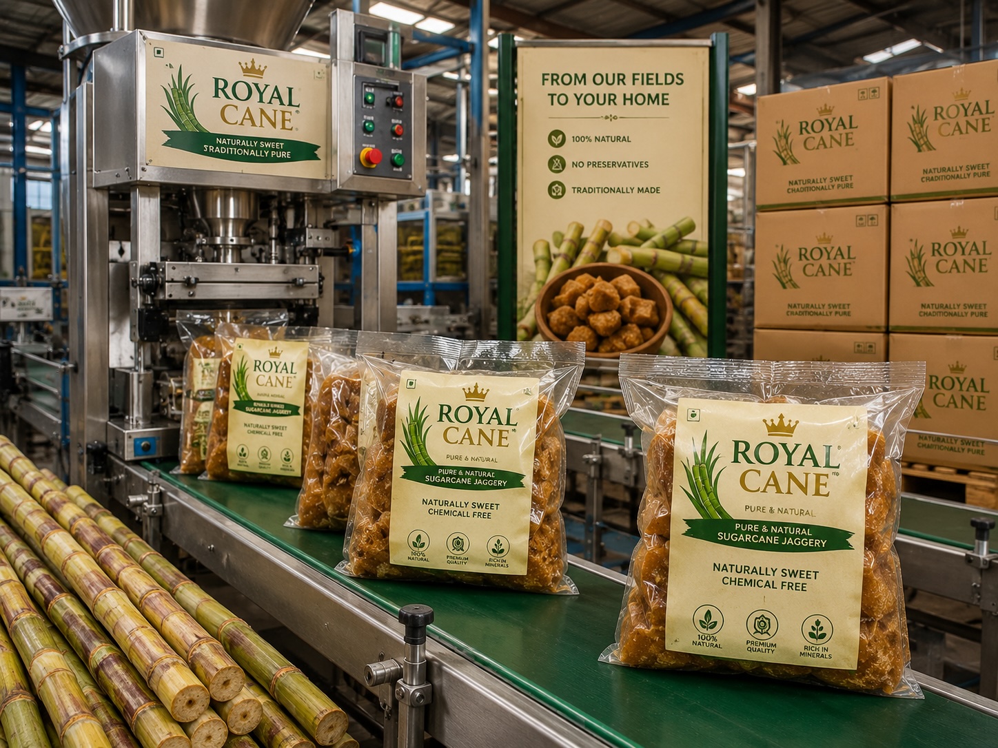 Fresh Royal Cane jaggery packaged with care